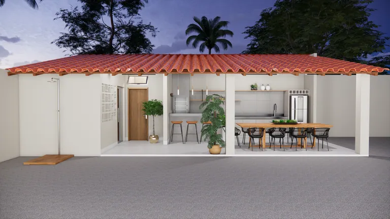 Fachada da área gourmet com telhado cerâmico ao entardecer