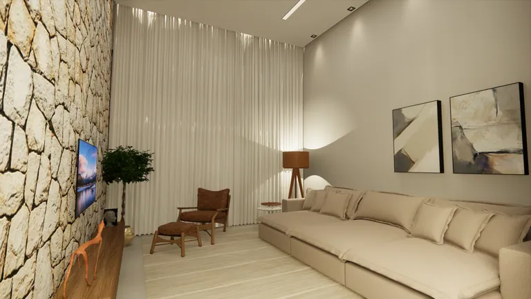 Sala de estar com parede de pedra, cortinas e sofá bege