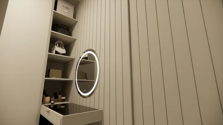 Closet com painel ripado, prateleiras e espelho redondo iluminado